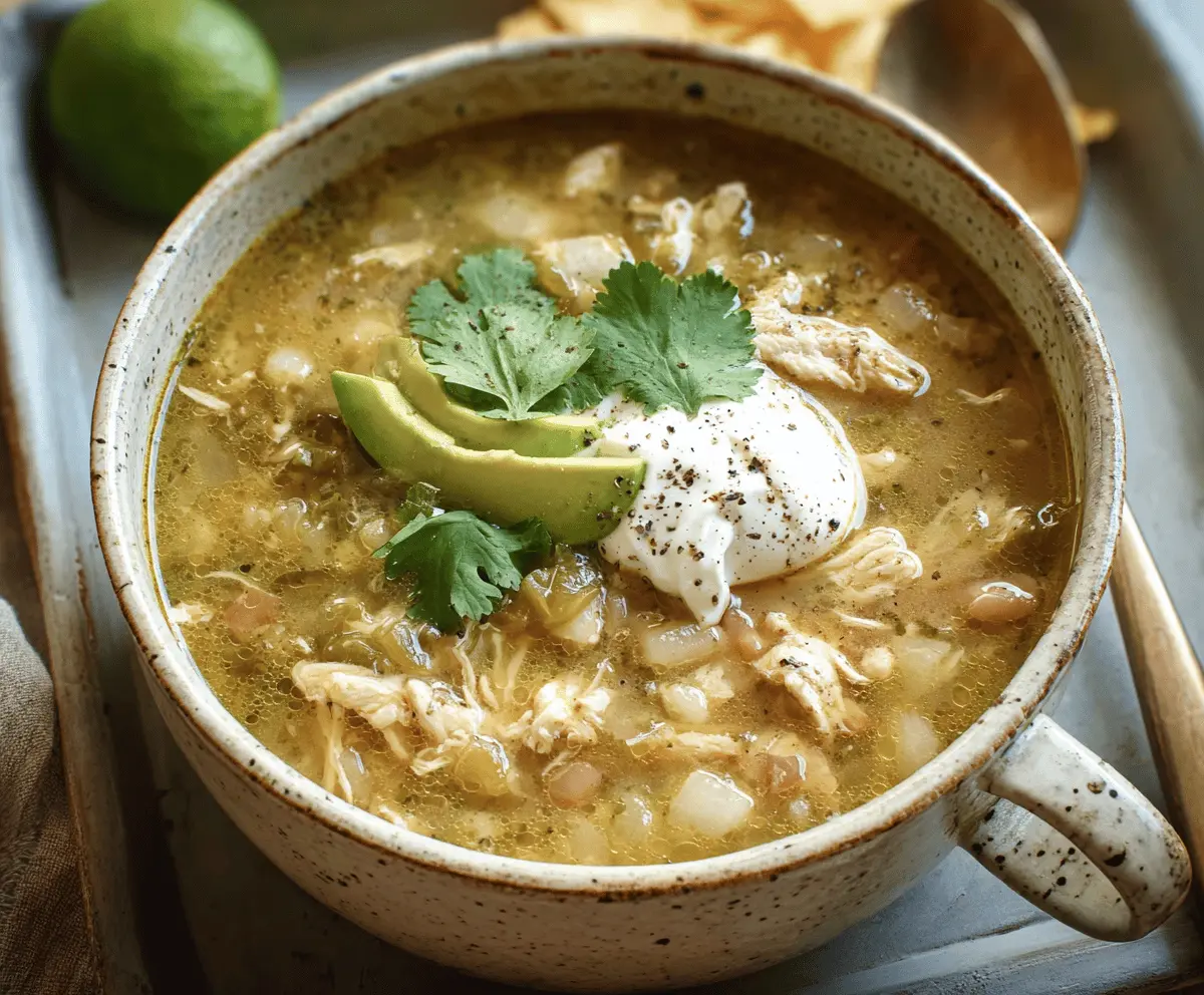 Creamy green chile chicken soup topped with fresh cilantro and melted cheese in a bowl, served with tortilla chips