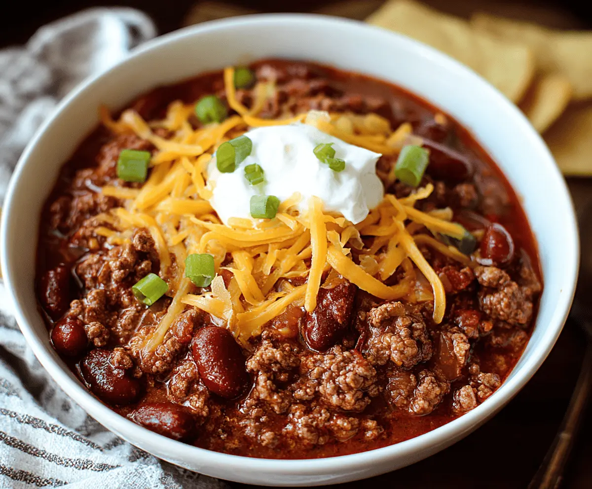 A delicious bowl of ground beef chili topped with shredded cheese and fresh herbs, served with tortilla chips on the side.