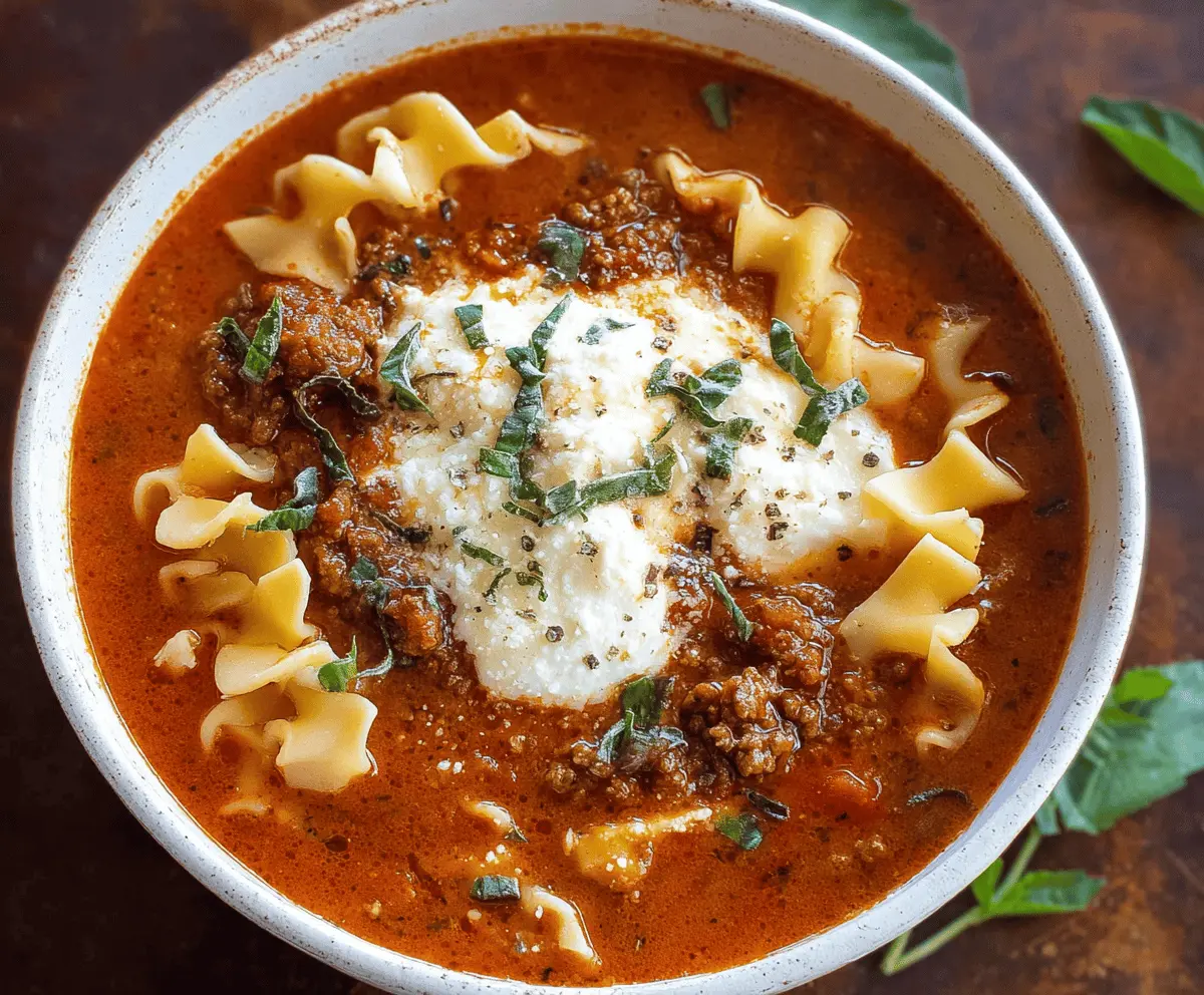 Hearty Ground Beef Lasagna Soup in a bowl with melted cheese and fresh herbs, perfect for a comforting Italian-inspired meal.