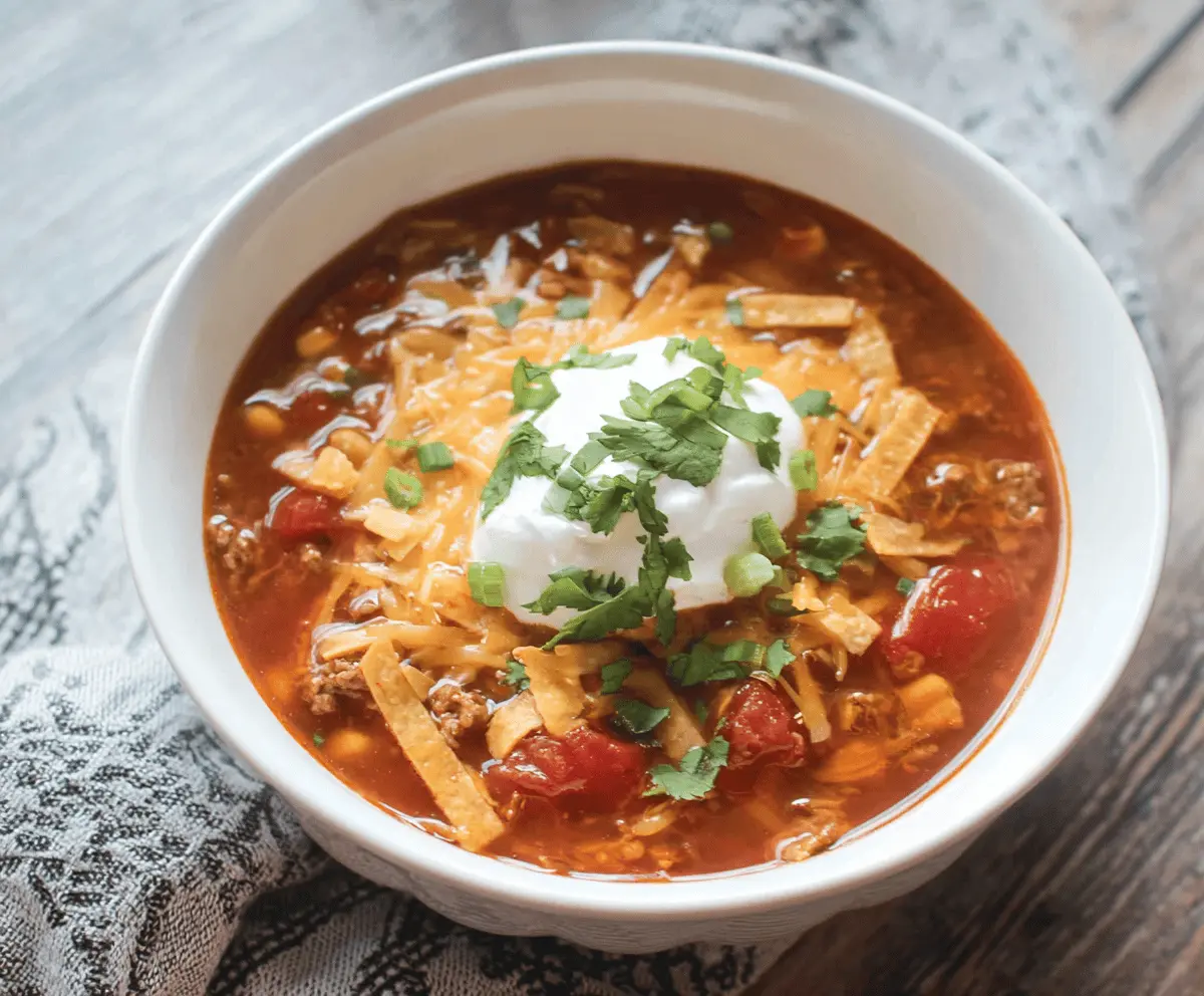Creamy and flavorful Instant Pot Loaded Taco Soup topped with shredded cheese, sour cream, and fresh cilantro in a bowl
