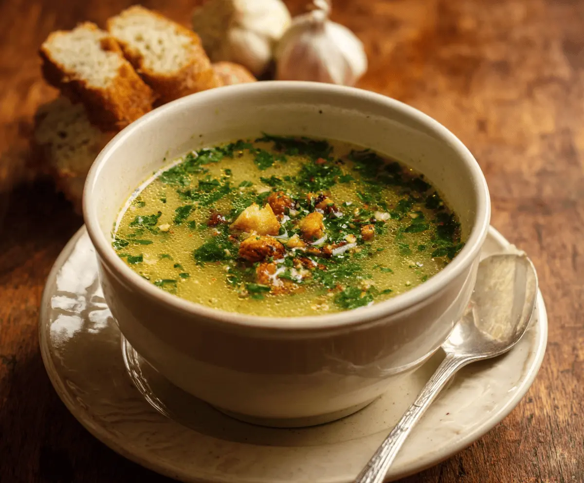 A bowl of warm Italian garlic soup garnished with fresh herbs and crispy croutons, served in a rustic white bowl.
