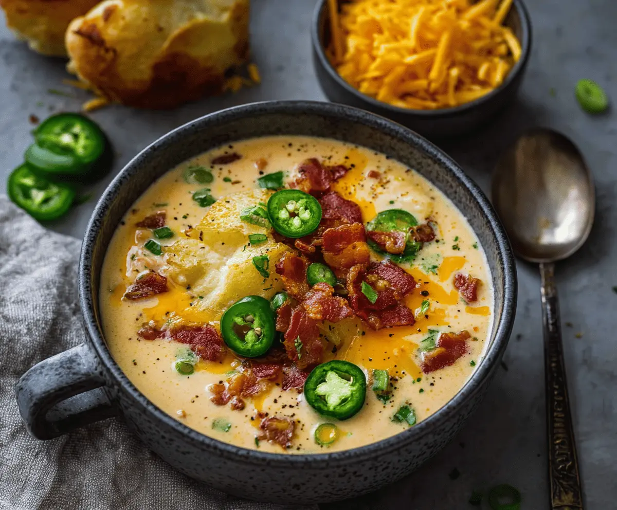 Creamy jalapeno popper soup topped with melted cheese and crispy bacon garnishes in a bowl, perfect for spicy appetizer lovers.