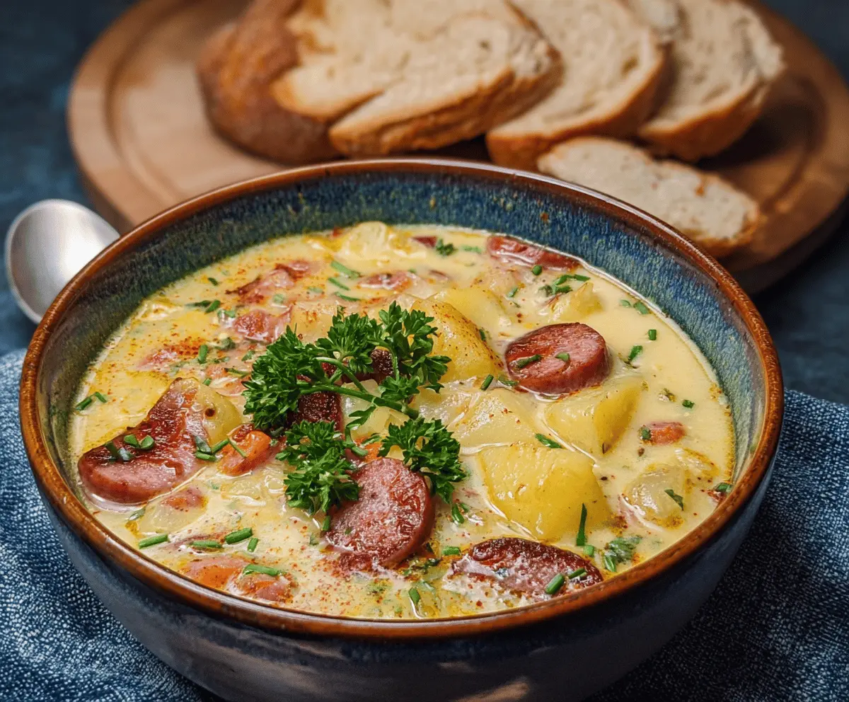 Creamy kielbasa potato soup in a bowl topped with fresh herbs and sliced kielbasa sausage, perfect for a comforting meal