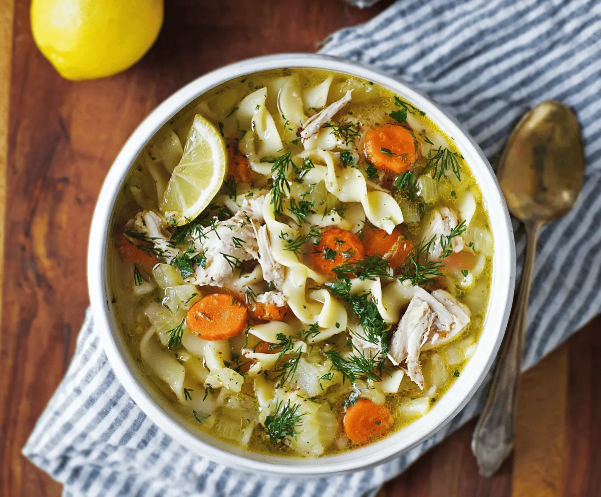 A steaming bowl of Lemon Dill Chicken Noodle Soup garnished with fresh dill and lemon slices, showcasing tender chicken, vegetables, and noodles in a flavorful broth.