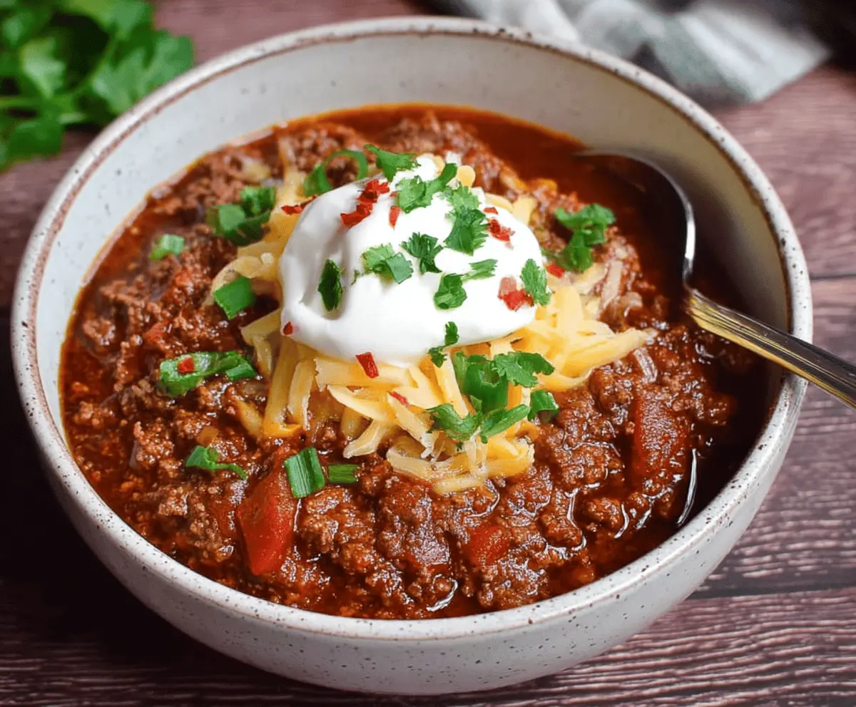 Hearty low-carb chili served in a bowl with fresh toppings, perfect for a healthy, low-carb meal.