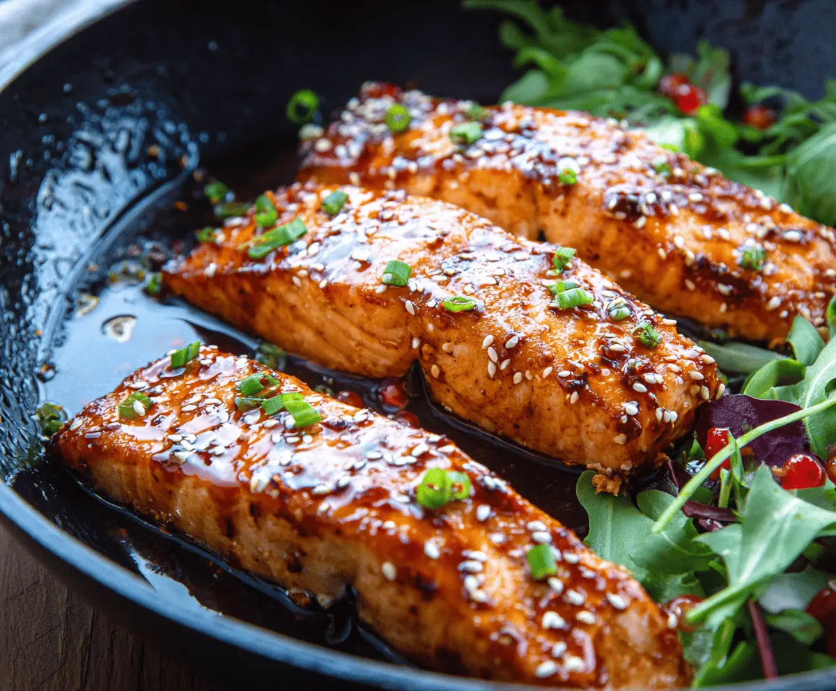 Delicious maple glazed salmon fillet garnished with fresh herbs on a white plate, served with lemon wedges and seasonal vegetables.