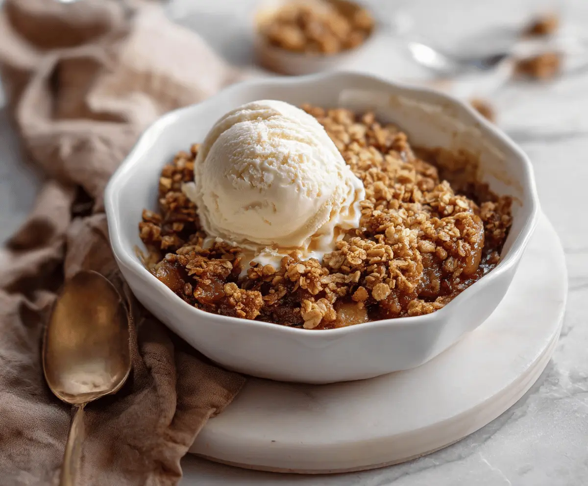 Delicious Maple Walnut Apple Crisp topped with caramelized walnuts and fresh apple slices, served in a rustic ceramic dish