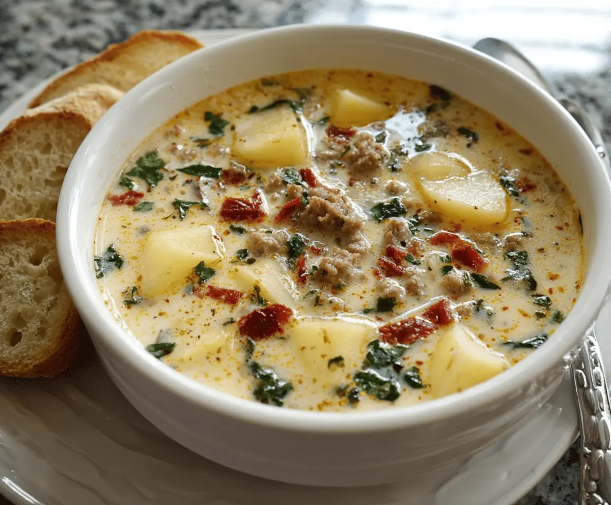 Creamy Olive Garden Potato Soup in a bowl topped with shredded cheese, green onions, and bacon bits, served with crusty bread