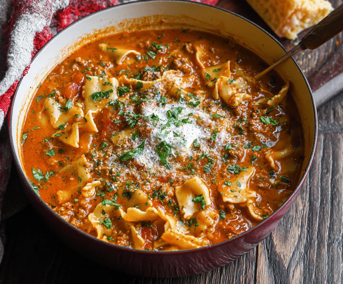 Creamy one-pot lasagna soup served in a bowl with melted cheese, fresh herbs, and lasagna noodles, perfect for a comforting and easy dinner