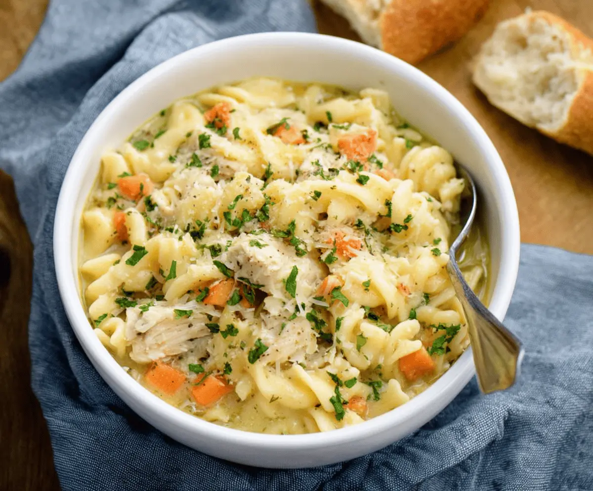 A steaming bowl of Parmesan Chicken Noodle Soup garnished with fresh herbs and grated cheese, showcasing tender chicken, noodles, and creamy broth for a comforting meal.