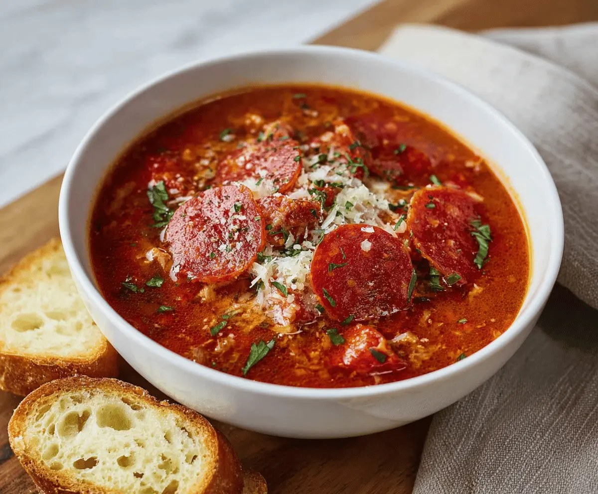 A delicious bowl of Pepperoni Pizza Soup topped with melted cheese, pepperoni slices, and fresh herbs, served in a white bowl with a spoon on a rustic wooden table.