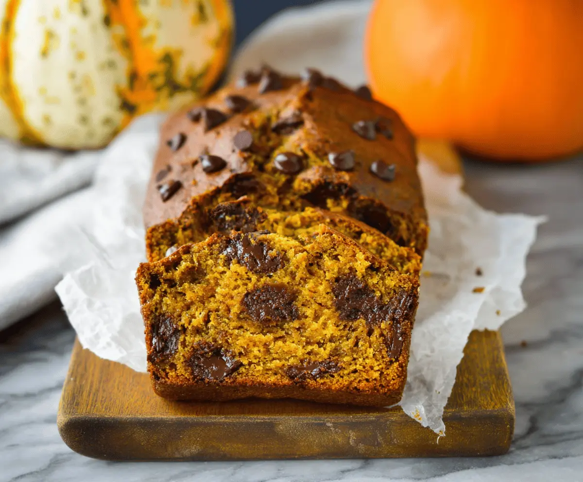 Delicious homemade Pumpkin Banana Chocolate Chip Bread sliced, showcasing moist pumpkin and banana bread with melty chocolate chips on a rustic wooden surface.