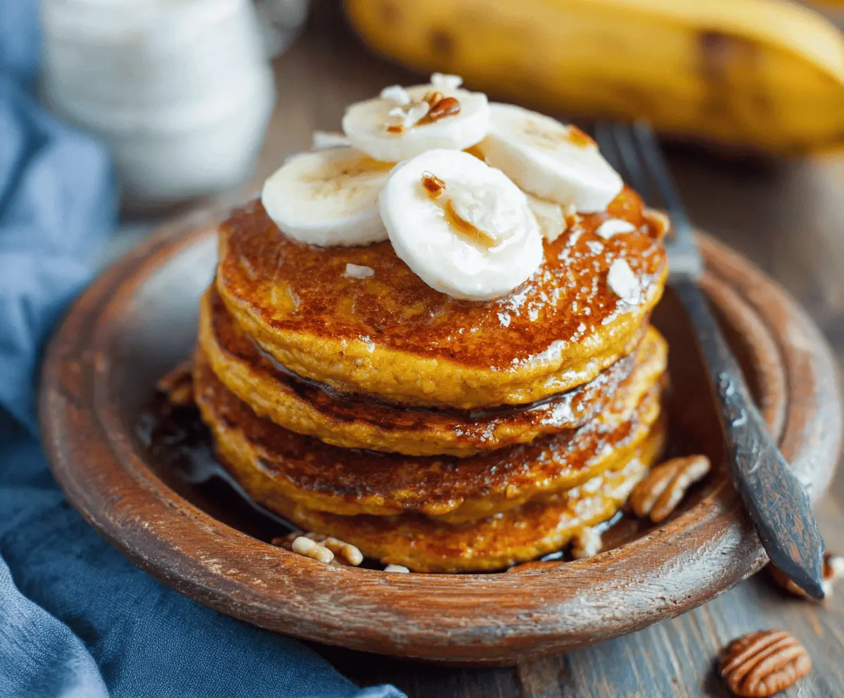 Fluffy pumpkin banana pancakes topped with syrup and garnished with nuts and fresh fruit, perfect for a cozy breakfast