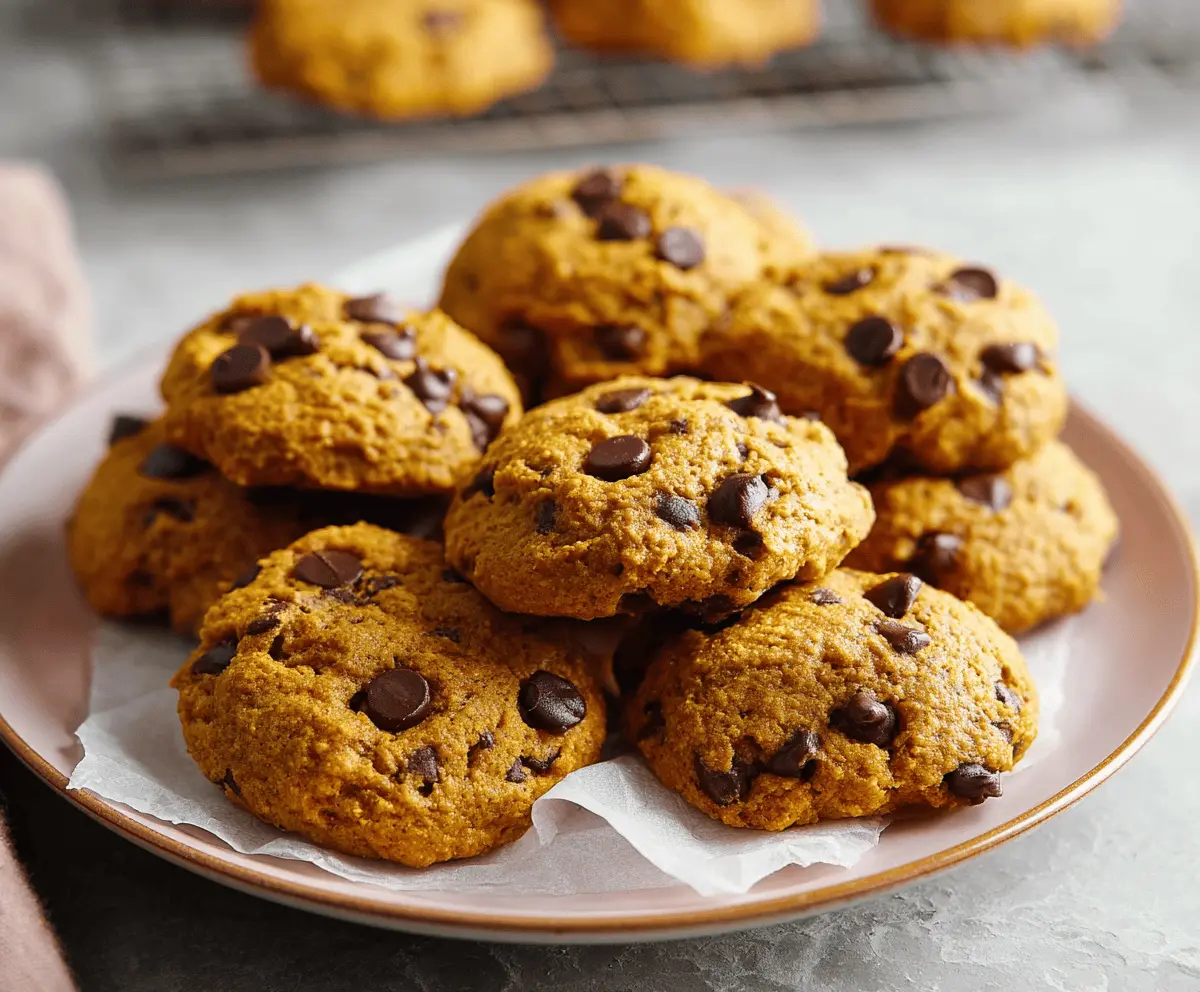 Delicious homemade pumpkin chocolate chip cookies on a baking sheet, featuring soft, chewy texture with chunks of chocolate and a hint of pumpkin spice flavor.