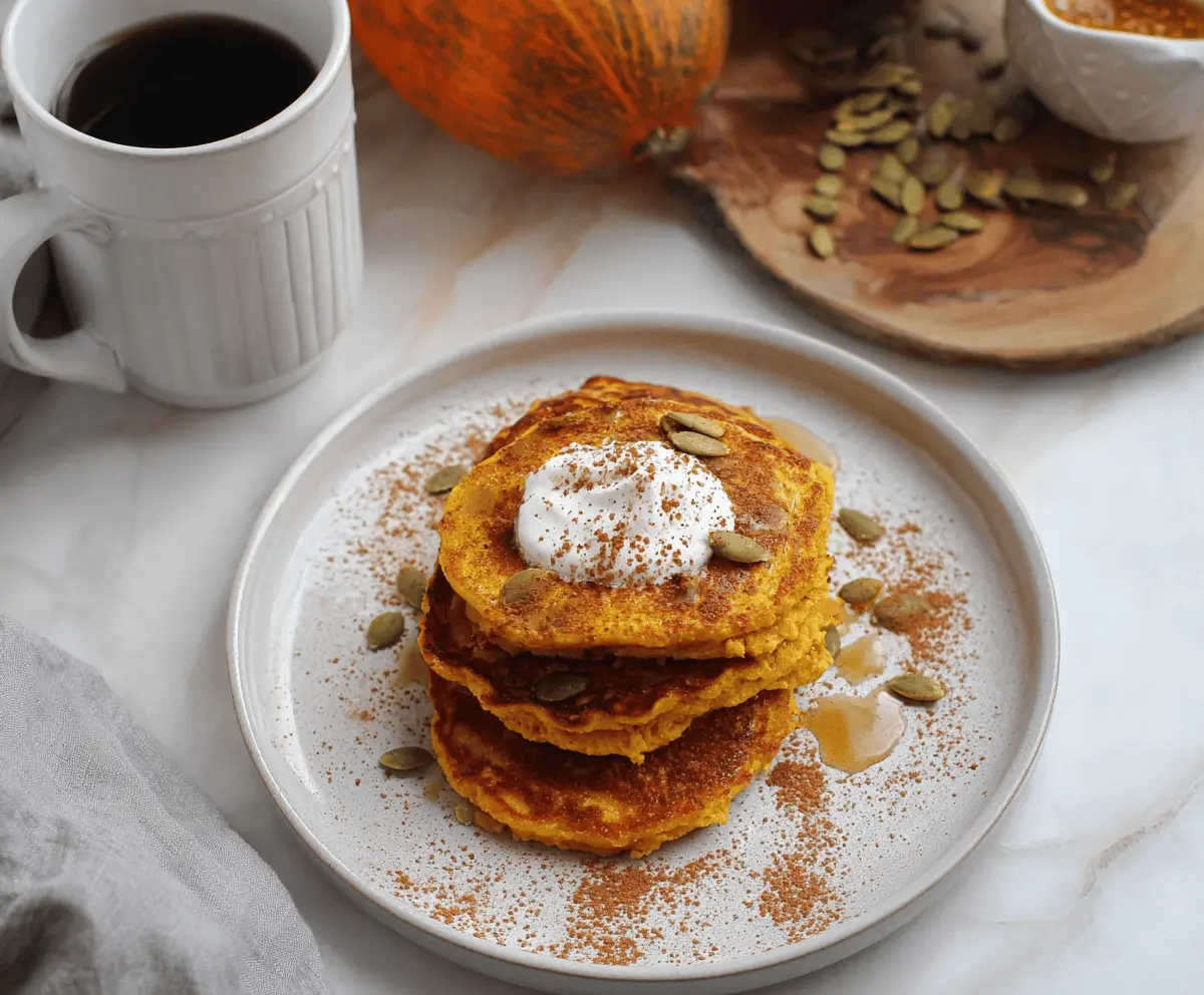 Delicious pumpkin cottage cheese pancakes topped with warm spices, served with syrup and fresh fruit for a cozy breakfast