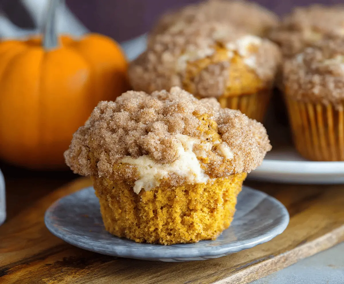 Delicious pumpkin cream cheese filled muffins with a golden top and creamy filling, perfect for fall baking.