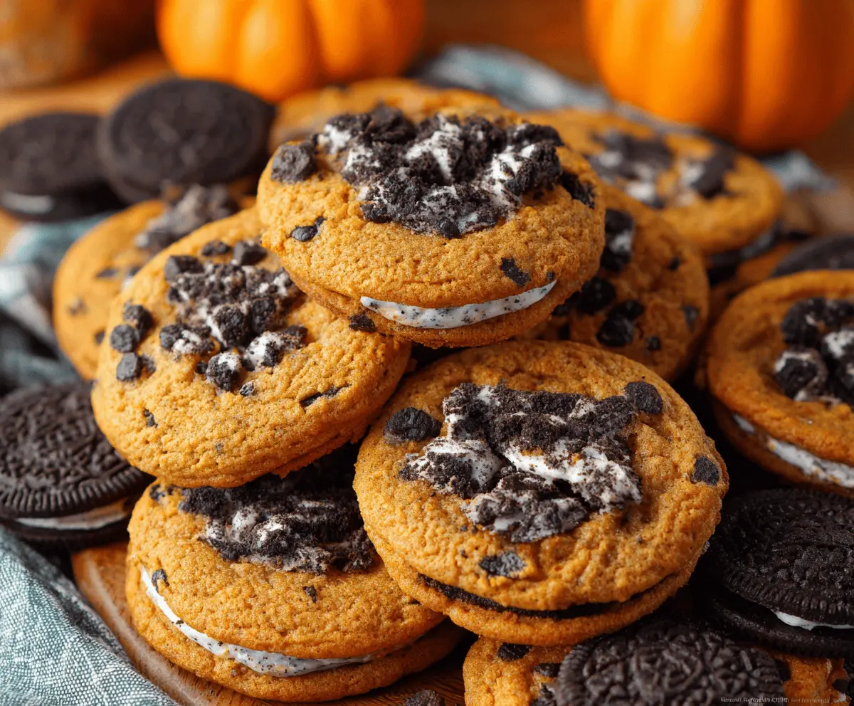 Delicious homemade Pumpkin Oreo Cookies with a creamy pumpkin filling and Oreo cookie crust on a plate