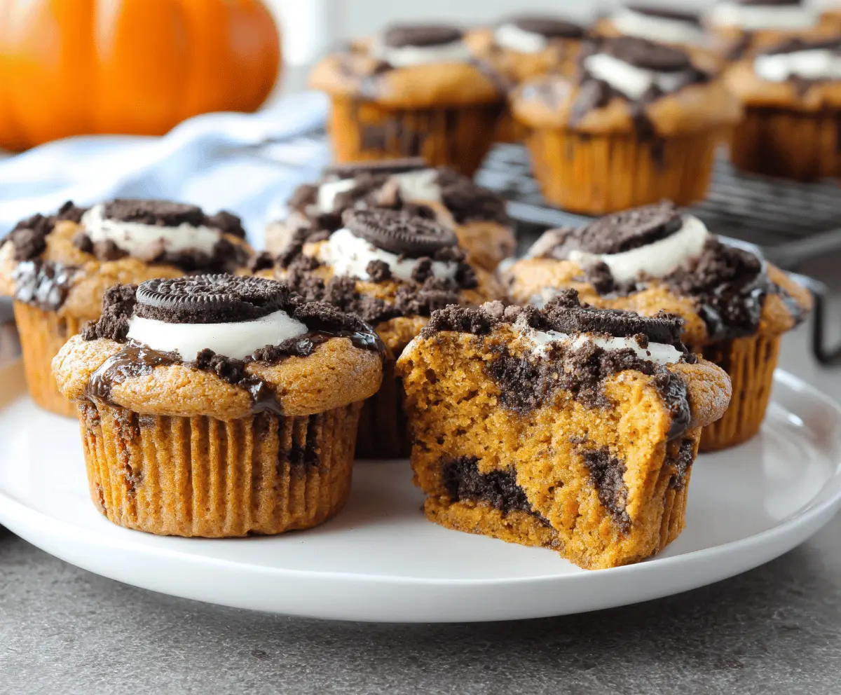 Delicious homemade pumpkin Oreo muffins with creamy frosting and crunchy Oreo cookie topping on a rustic plate