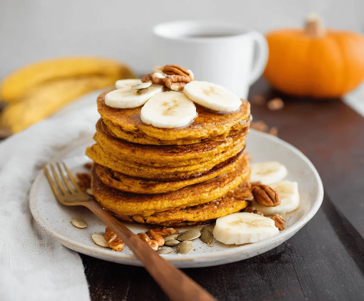 Fluffy pumpkin protein pancakes topped with maple syrup and cinnamon on a plate, perfect for a healthy breakfast