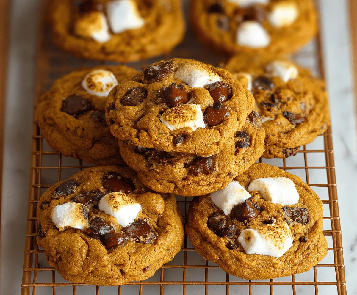 Delicious Pumpkin S'mores Cookies featuring a golden-brown cookie base topped with melted marshmallows and chocolate, perfect for fall treats