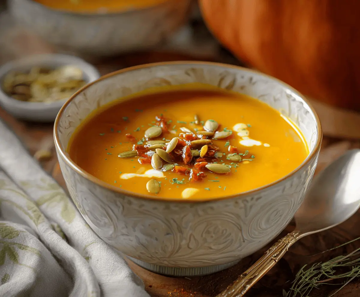 Creamy pumpkin soup served in a bowl garnished with fresh herbs, perfect for a cozy fall meal.