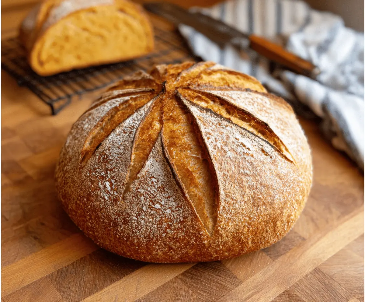Freshly baked pumpkin sourdough bread sliced open, showcasing a golden crust and soft, moist interior with swirls of pumpkin and spices, perfect for fall baking.