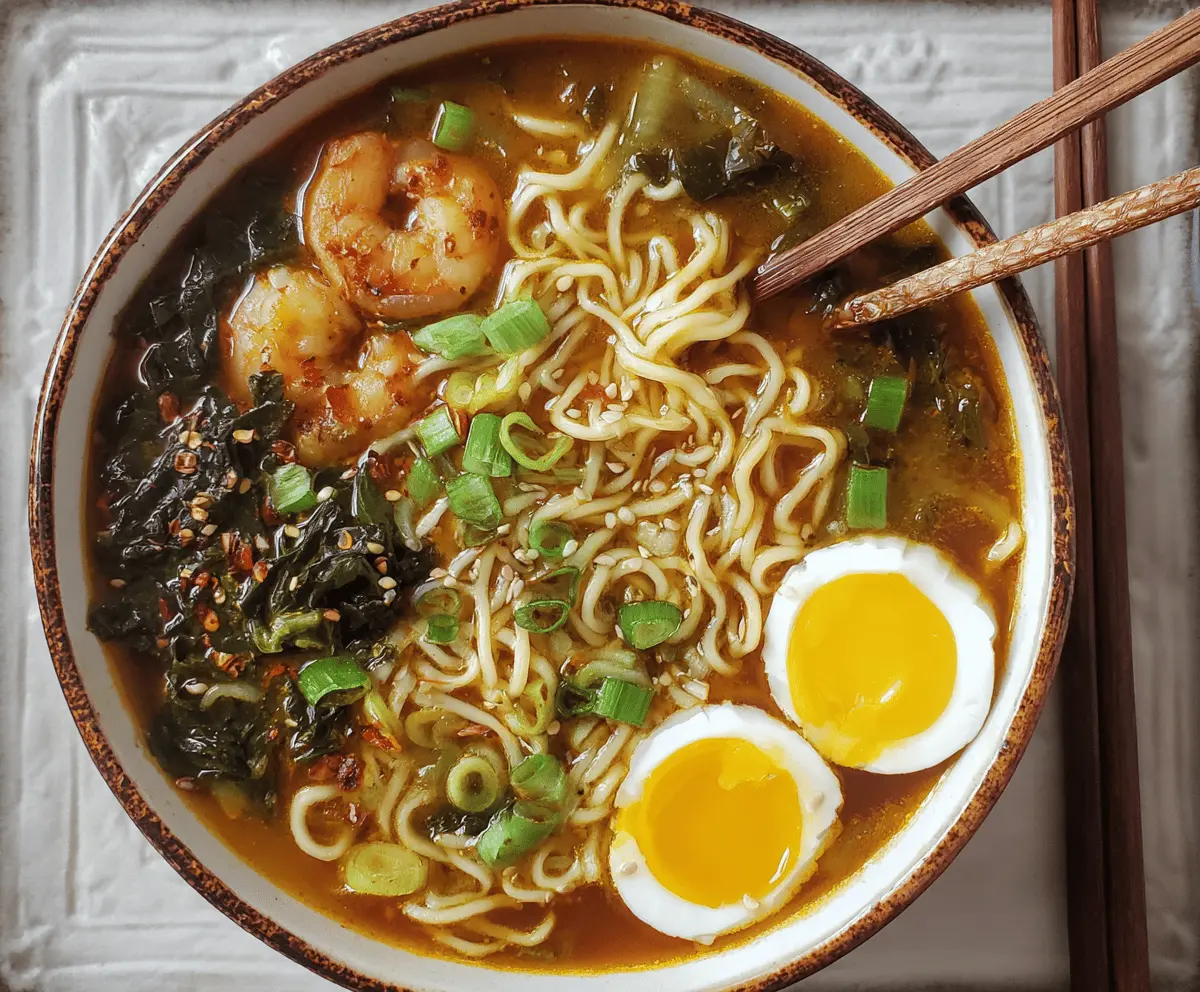 Delicious steaming bowl of ramen noodle soup with sliced pork, soft-boiled eggs, green onions, and vegetables on a wooden table