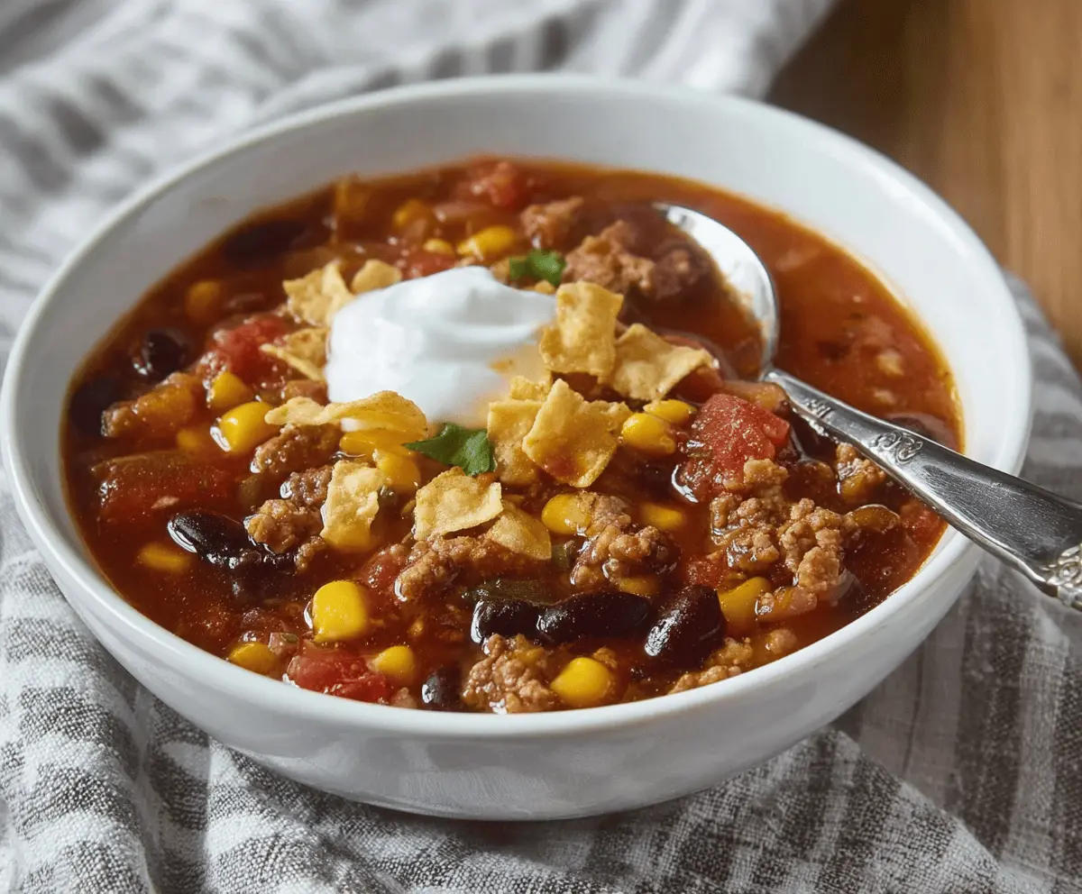Delicious bowl of Ranch Taco Soup topped with shredded cheese, fresh cilantro, and sour cream, served in a white bowl on a rustic wooden table.