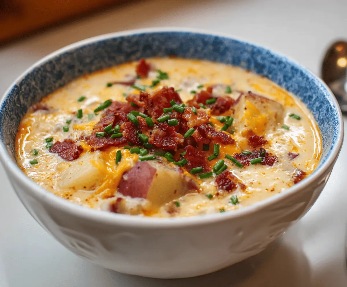Creamy red potato soup garnished with fresh herbs in a rustic bowl, perfect for a warm and hearty meal.
