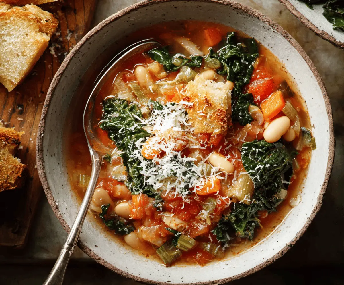 A delicious bowl of traditional Ribollita soup with beans, vegetables, and rustic bread garnished with herbs, served in a ceramic bowl.