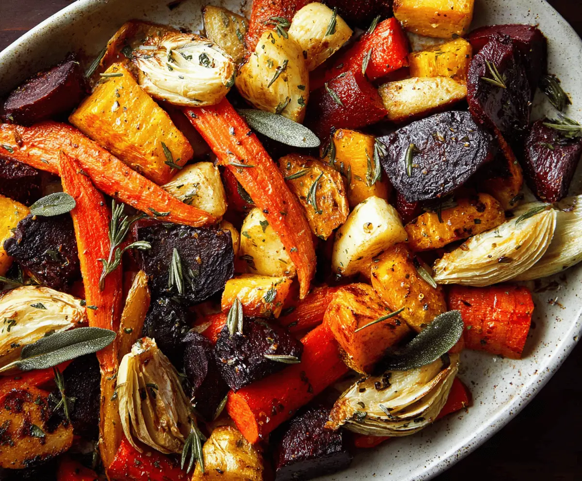 Colorful roasted root vegetables on a baking sheet, including carrots, parsnips, and sweet potatoes, seasoned and freshly cooked for a healthy side dish.