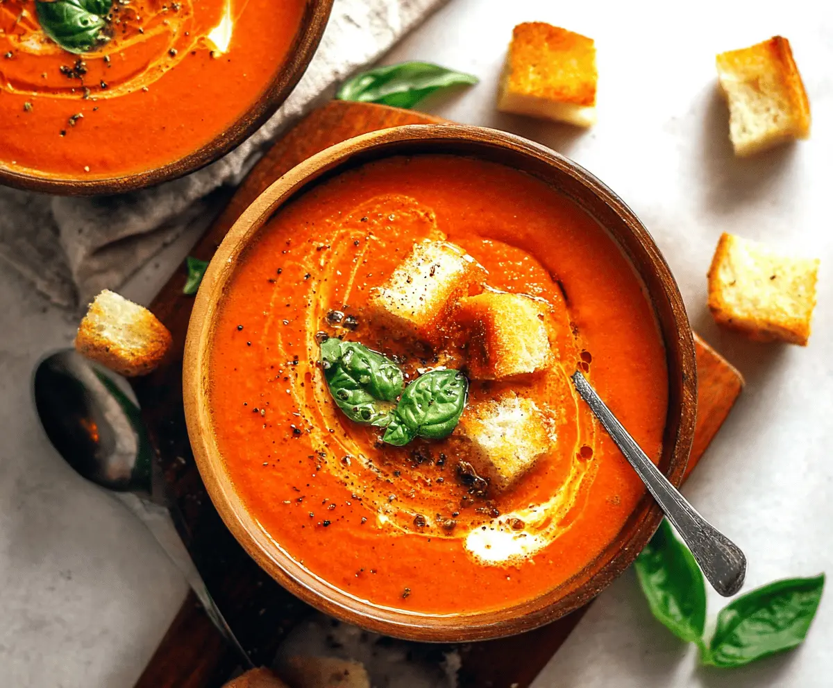 A bowl of creamy roasted tomato soup garnished with fresh basil leaves, served with crusty bread on a rustic wooden table.