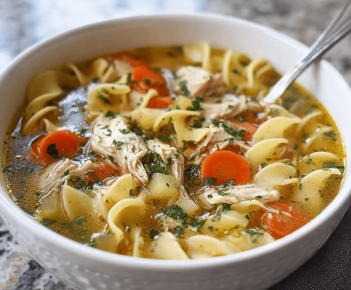 Creamy homemade slow cooker chicken noodle soup with tender chicken, vegetables, and pasta in a hearty broth, perfect for comforting meals.