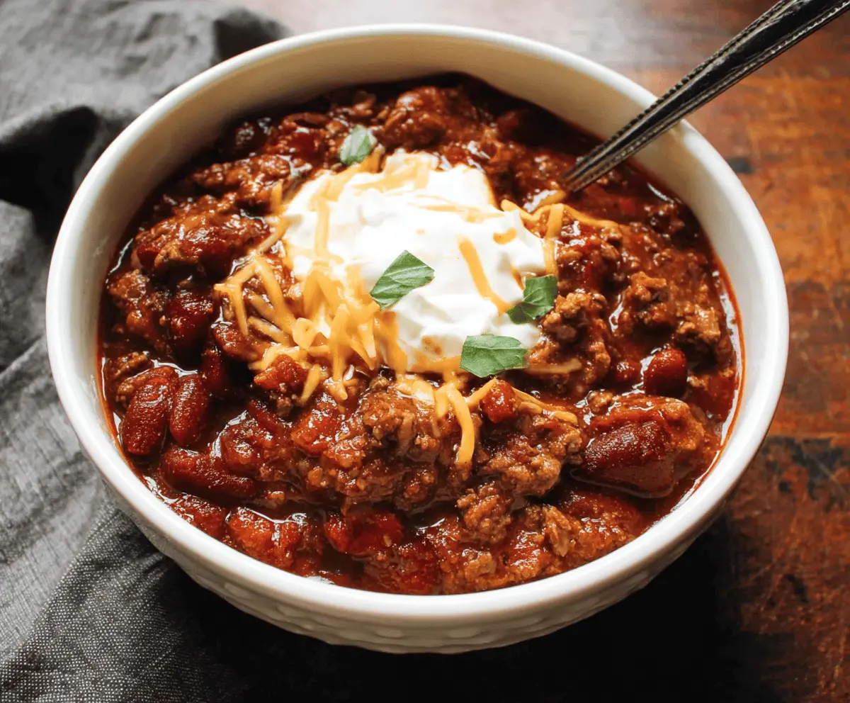 Hearty slow cooker chili topped with shredded cheese and fresh herbs in a bowl ready to serve