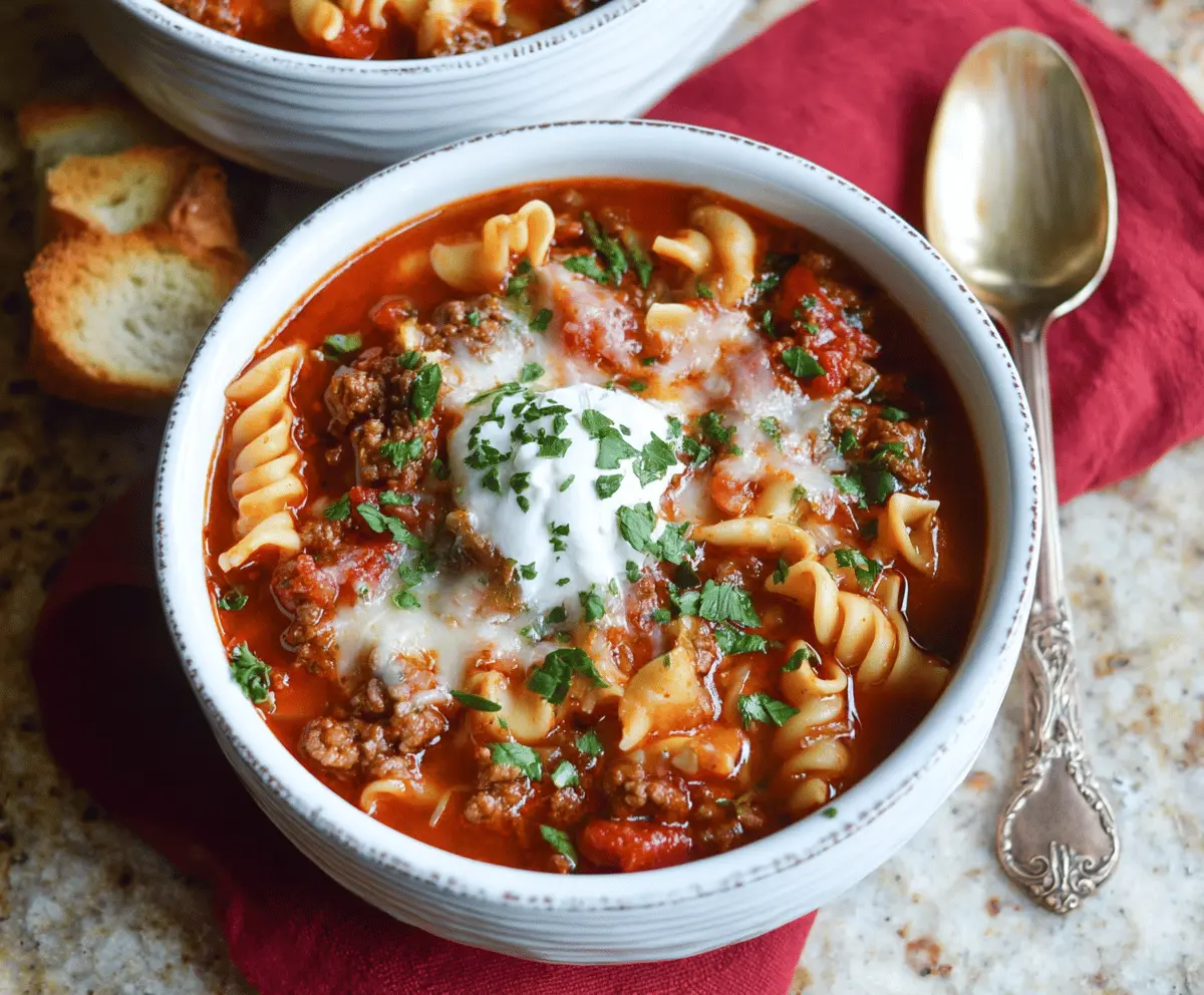 A bowl of hearty Slow Cooker Ground Beef Lasagna Soup topped with melted cheese, fresh basil, and tomato sauce, served in a rustic bowl on a wooden table.