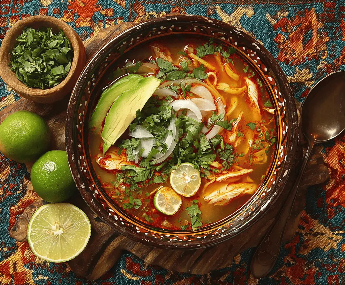 A delicious bowl of traditional Sopa de Lima featuring tender chicken, fresh lime slices, crispy tortilla strips, and vibrant herbs in a flavorful lime-infused broth.