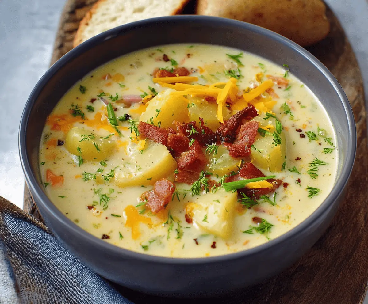 Creamy stovetop potato soup served in a bowl with fresh herbs, perfect for a comforting and hearty meal.