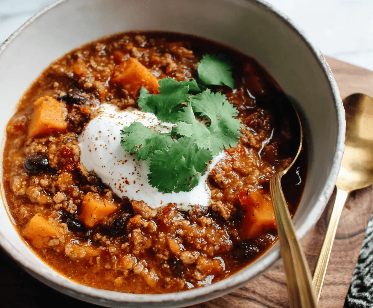 Hearty sweet potato turkey chili served in a bowl with fresh cilantro and diced vegetables, perfect for a nutritious and flavorful meal