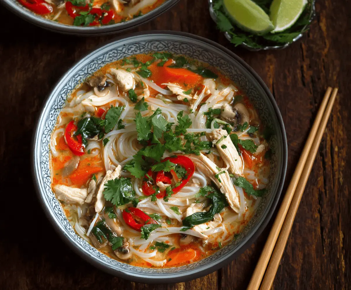 A bowl of Thai Chicken Noodle Soup garnished with fresh herbs, lime wedges, and sliced chicken in a flavorful broth with rice noodles and vegetables.