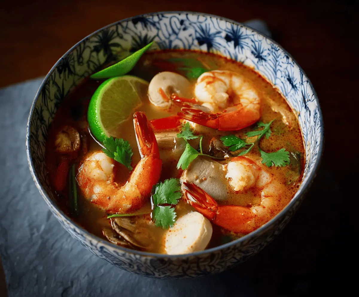 Spicy and aromatic Thai Tom Yum Soup with shrimp, mushrooms, lemongrass, kaffir lime leaves, and chili peppers in a flavorful broth