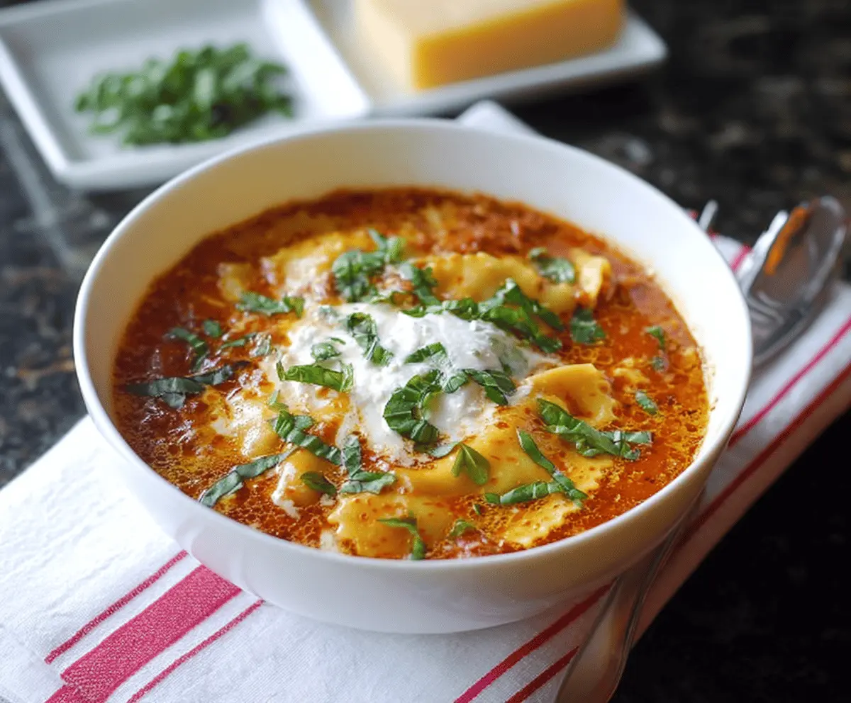 Creamy Tomato Basil Lasagna Soup topped with melted cheese and fresh basil leaves, served in a bowl for a comforting and flavorful Italian-inspired meal.