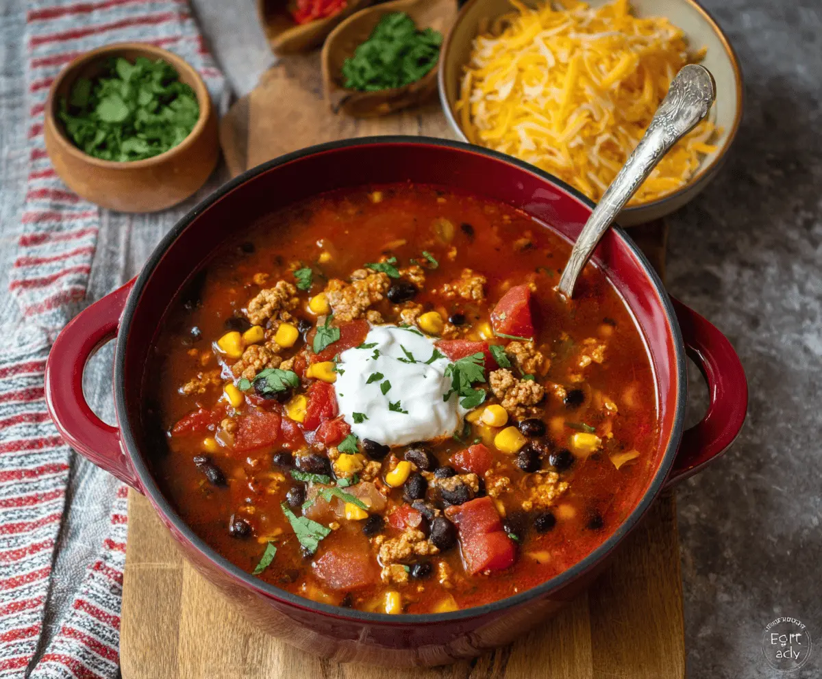Delicious homemade turkey taco soup in a bowl topped with fresh cilantro and shredded cheese, served with tortilla chips on the side.