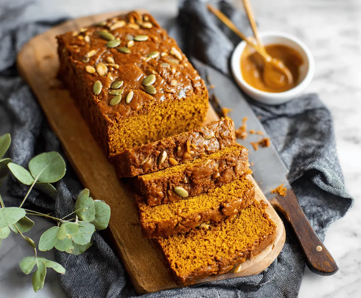 Delicious homemade vegan pumpkin bread sliced and ready to serve, with a golden crust and moist interior, perfect for fall baking