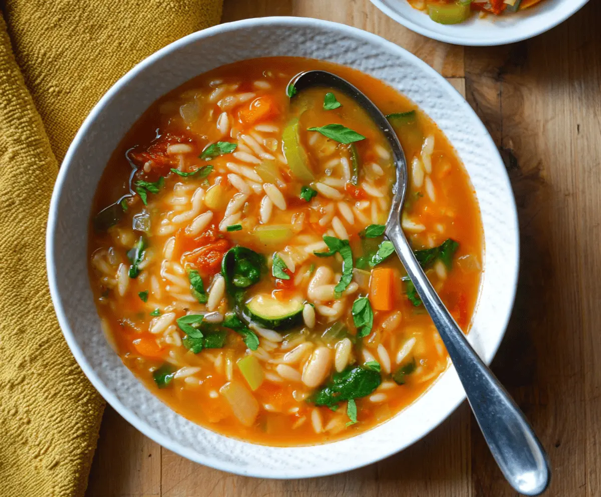 Hearty Vegetable Orzo Soup in a bowl with fresh vegetables and herbs, perfect for a healthy and comforting meal
