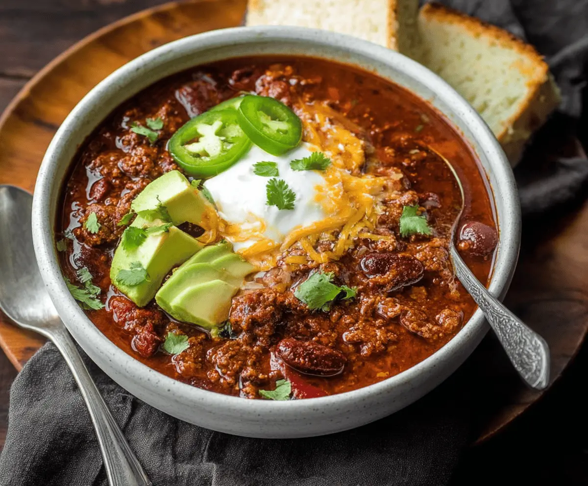 Hearty venison chili in a bowl with beans, tomatoes, and spices, topped with fresh herbs and served with cornbread