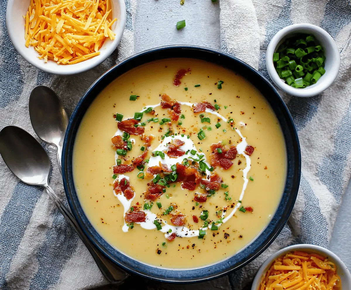 Creamy Yukon Gold Potato Soup served in a bowl with fresh herbs, garnished with chopped chives and a drizzle of cream for a comforting and hearty meal.