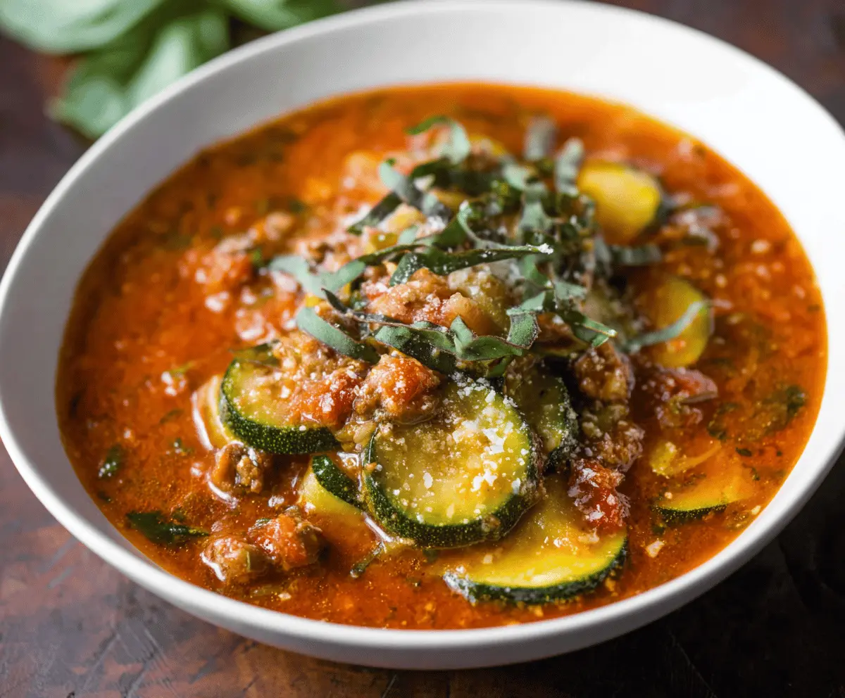A steaming bowl of zucchini lasagna soup topped with melted cheese, fresh basil, and zucchini slices, served in a white bowl on a rustic wooden table.