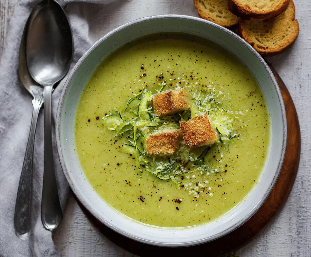 Creamy zucchini soup garnished with fresh herbs and a drizzle of olive oil, served in a bowl with sliced zucchini on top.
