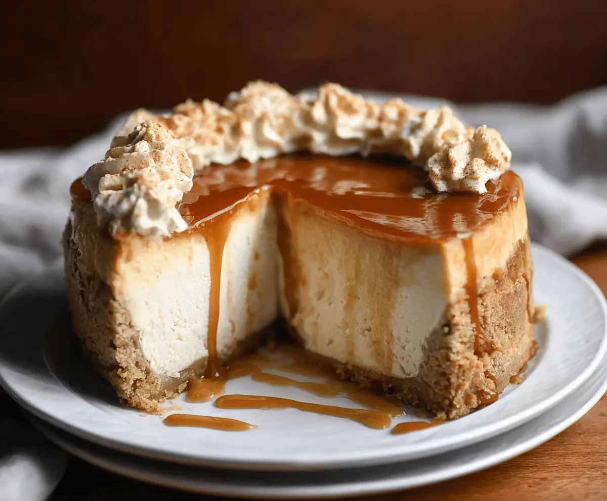 Creamy apple cider cheesecake topped with caramelized apple slices and spices.