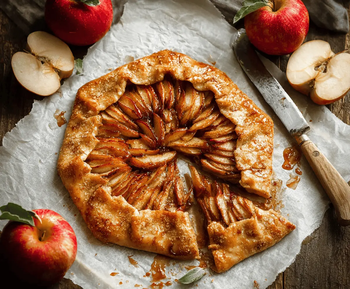 Homemade apple galette with flaky crust and caramelized apple filling on a rustic wooden table